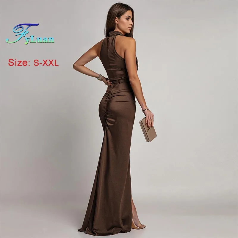 Abito da cena alla moda Abbigliamento donna Abito lungo senza maniche Abito lungo sexy slim tinta unita con decorazione di paillettes Abito da ballo da sera