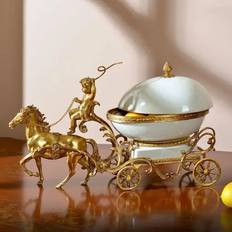 Creative copper-clad porcelain horse-drawn cart fruit plate ornament, entrance ceramic with copper storage decoration