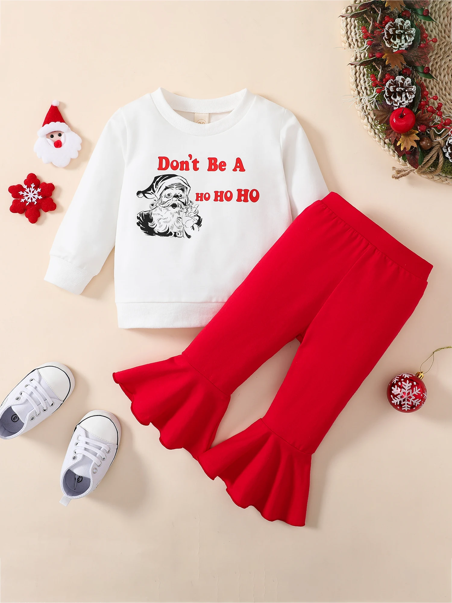 Girls Christmas Outfit Set with Santa Print Sweatshirt and Flare Pants - Festive Long Sleeve Top and Casual Trousers for Kids