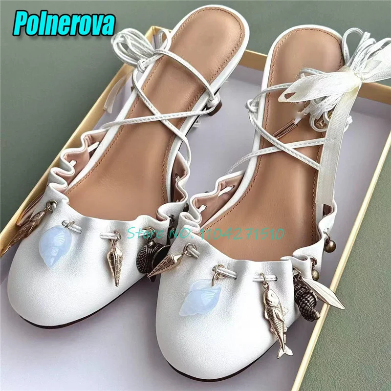 Conch Pendant Cross Strap Women's Sandals Pleated Leather Round Toe Ankle Lace-Up High Heels Elegant Lady Fairy Ballet Shoes