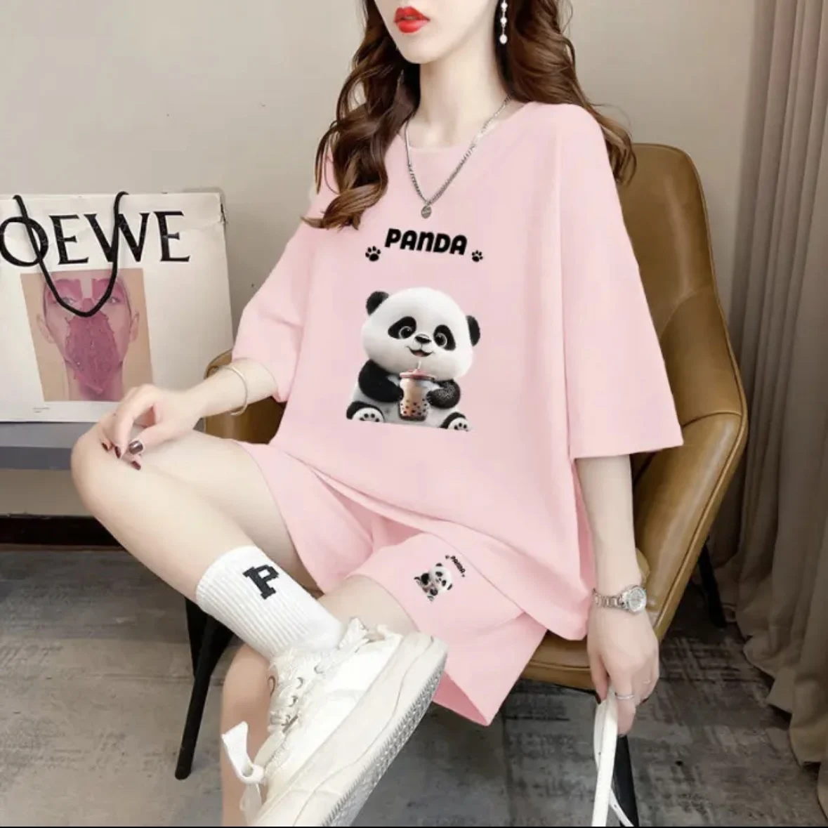 Fashion women's summer shorts set, sportswear, oversized short sleeved T-shirt, 2-piece set, sportswear, women's casual clothing view 6