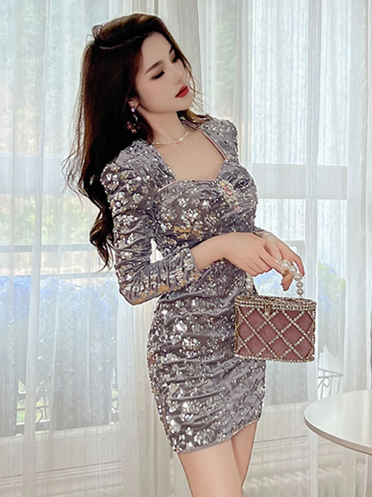 Robe de bal Vintage élégante en velours gris pour femmes, paillettes brillantes, diamant rose, manches longues, moulante, Mini robe de soirée, Club