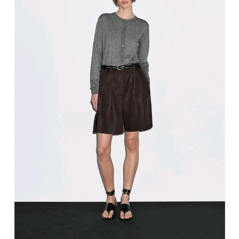 Długi sweter damski z dzianiny, okrągły dekolt, otwarty przód, prosty, elegancki, na wiosnę, z włókna poliestrowego.