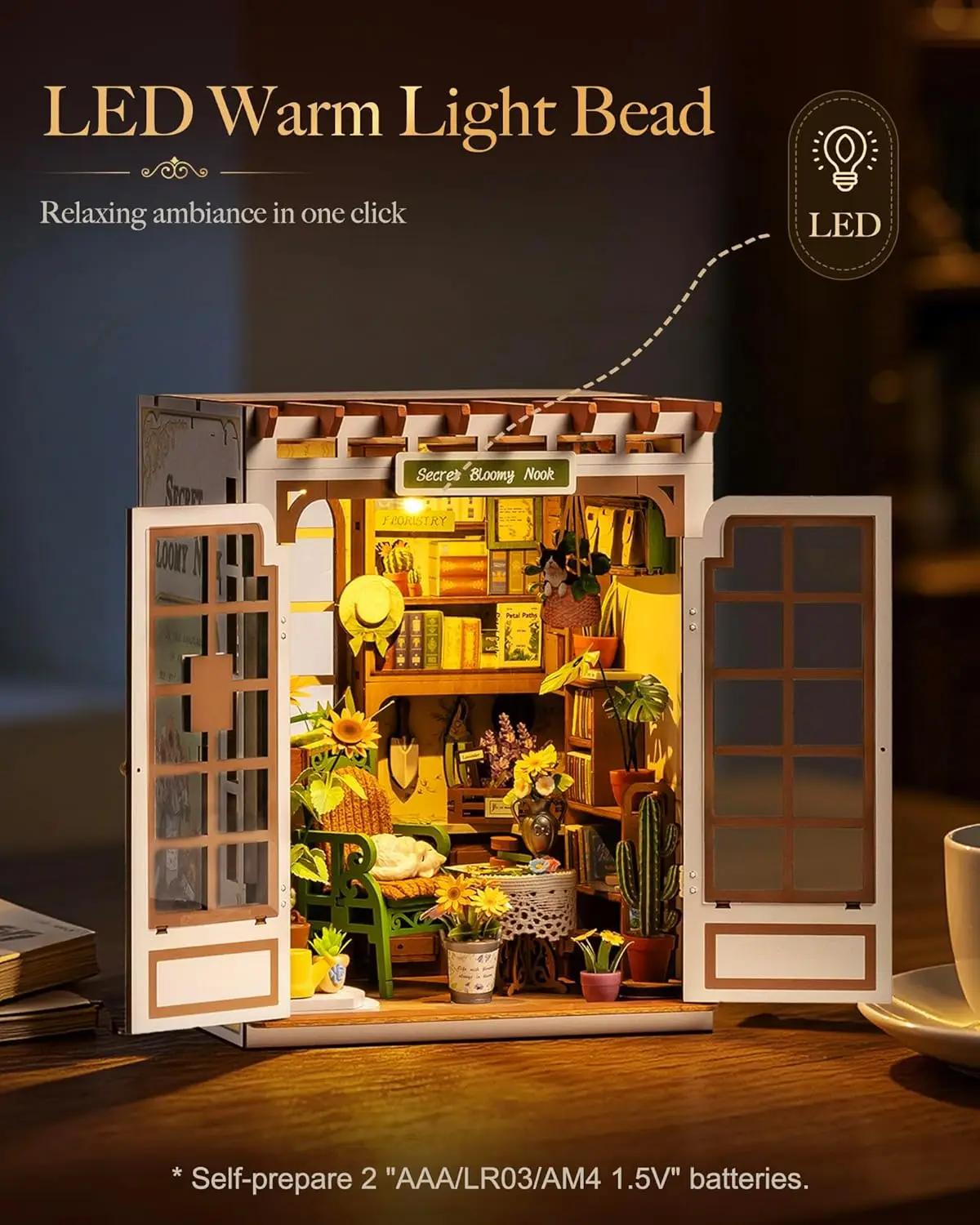 Rolife Book Nook Kit DIY Miniature Kit with Lights Secret Bloomy Nook Booknook Model Kits for Desk Library Bookshelf Decoration view 4