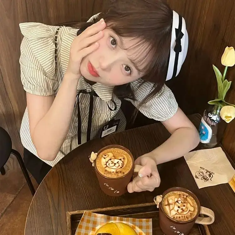 College Style Striped Short-Sleeved Shirt Women Summer New Sweet Versatile Short Shirt Niche Design Top