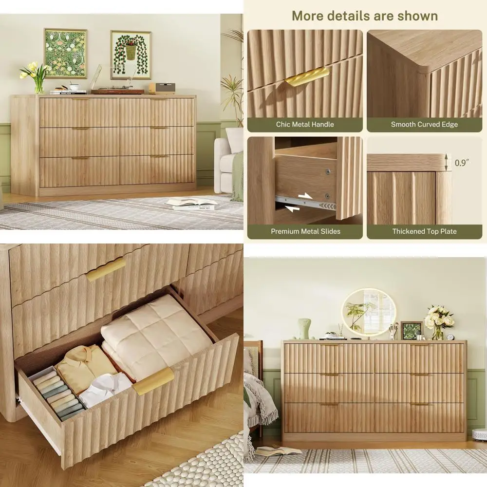 

Wide Chest with Metal Handle for Bedroom, Living Room, and Hallway - Curved Design Wooden Storage Organizer