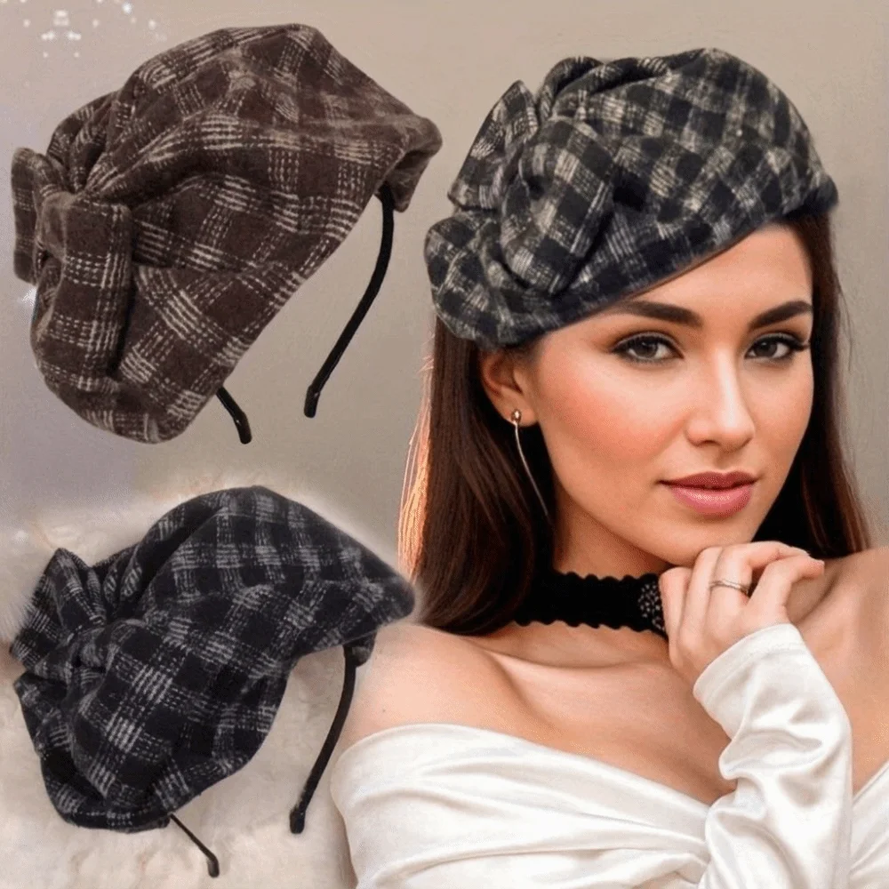 Fashion Vintage Half-cap Headband Elegant Checkered Bowknot Headwear Delicate French Style Hair Accessories Banquet Decoration