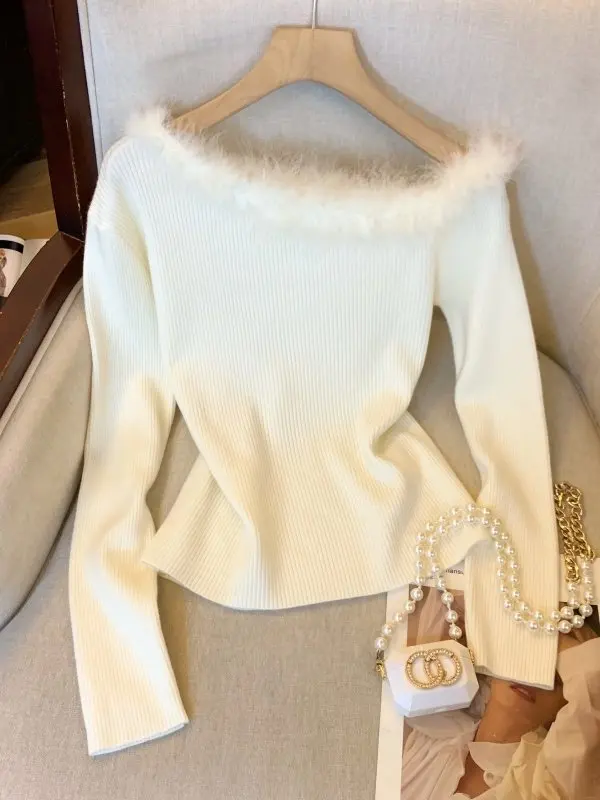 

French Sle Slim Fit Knitted Sweater Women's oulder Bared Long Sve Inner Wear Casual Top White Frayed Autumn Winter