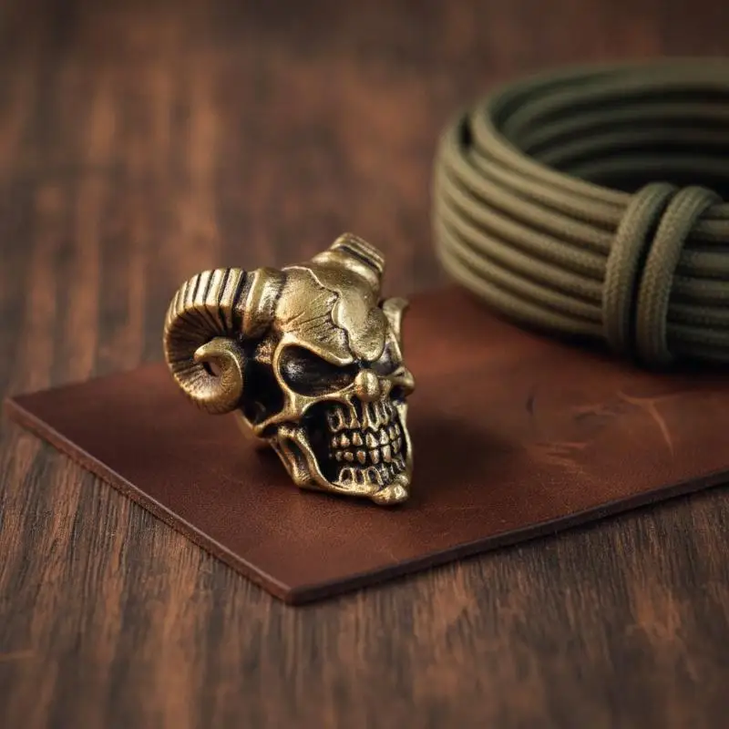 Ram Horn Skull Clown Brass Knife Bead Portable EDC Ornament for Paracord Woven Lanyard Hiking Survival Gear DIY