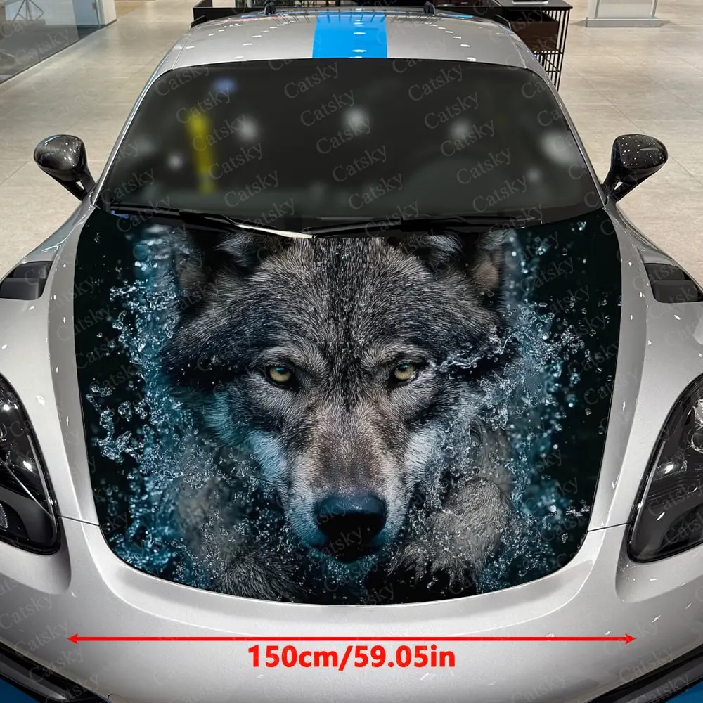 The Lone Wolf In The Water Car Hood Graphic Stickers, Car Aesthetics, Eye-catching Pattern Decorations, PVC Waterproof Self-adhe