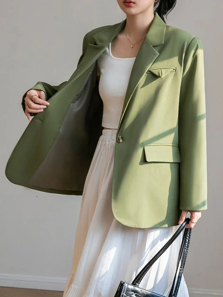 GIDYQ Green Long Sleeve Blazers Women Korean Elegant Office Lady Suit Jacket Fashion Chic Loose Single Button Blazers Autumn