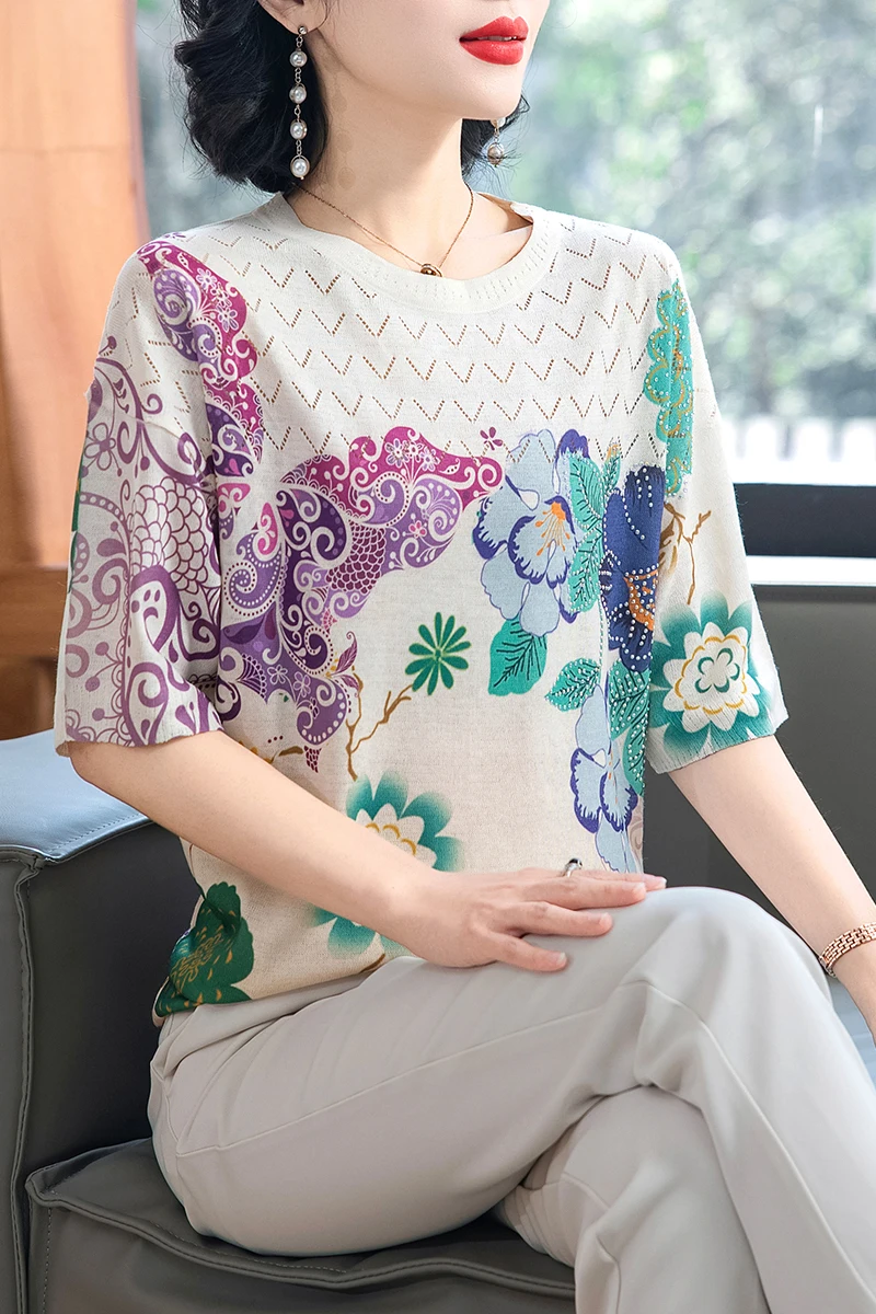 

Hollow Print T Shirt Women Pullovers 2025 Summer Clothes For Women Tees Knitted Dress Short Sleeve Women's T-shirt