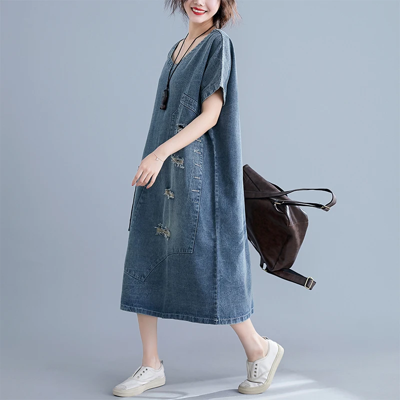 #2104 Spring Summer Ripped Denim Dresses For Women Holes V Neck Jeans Midi Dress Women Short Sleeve Loose Big Pockets Vintage