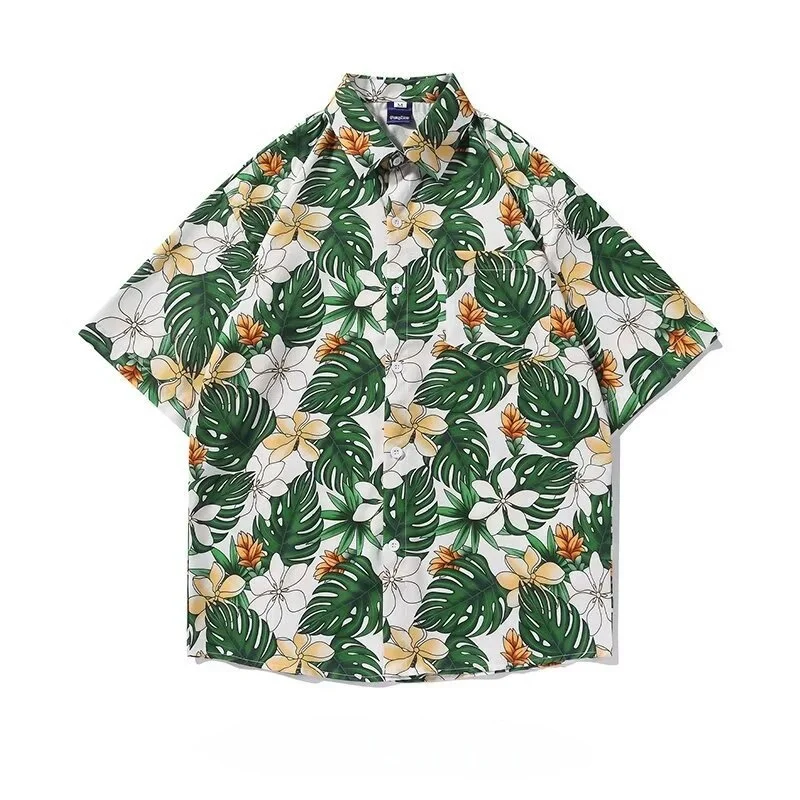 Summer Men's Hawaiian Short Sleeve Flower Shirt Loose Handsome Beach Seaside Vacation Casual Half Sleeve Floral Shirt Coat