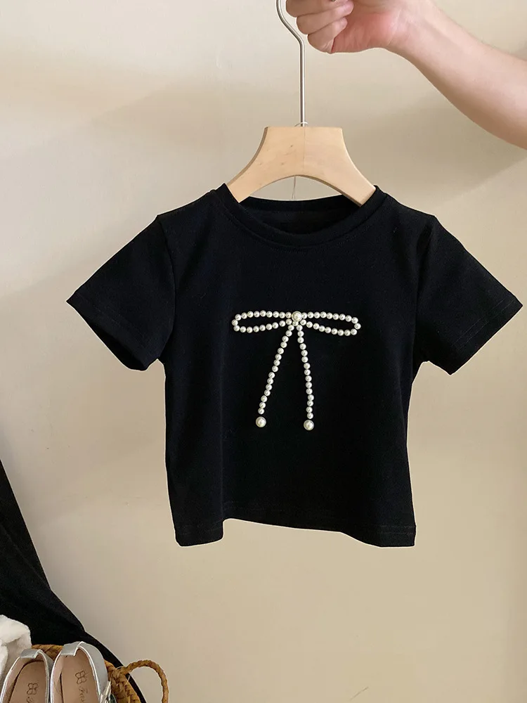 T-shirt Thin Girls Summer New Korean Bow Knot Short Sleeved Skirt Childrens Clothing 2024 Round Collar Simple Bows Fashion