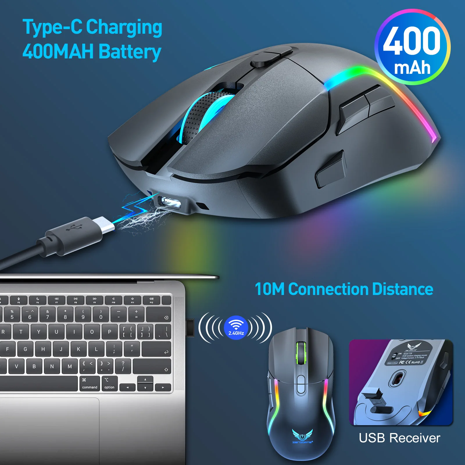 2.4G Wireless Mouse Gaming Mouse 8 Key RGB Colorful Mouse 1200-3200 DPI 400mAh Rechargeable Mouse Mice for PC Laptop Macbook Pro