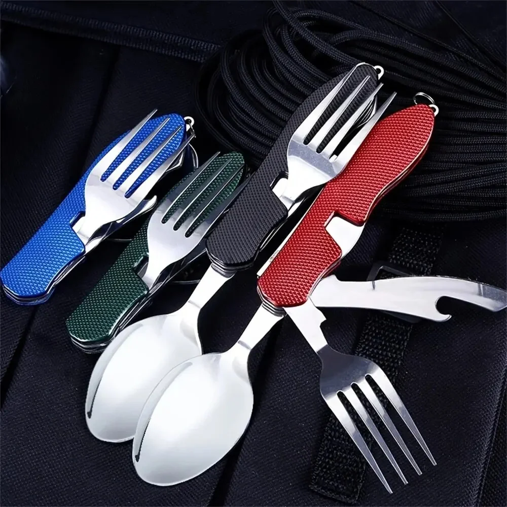 4pcs Tablespoon Set 4 In 1 Foldable Spoon Knife Fork Bottle Opener Stainless Steel Folding Pocket Kits Outdoor Tableware Set