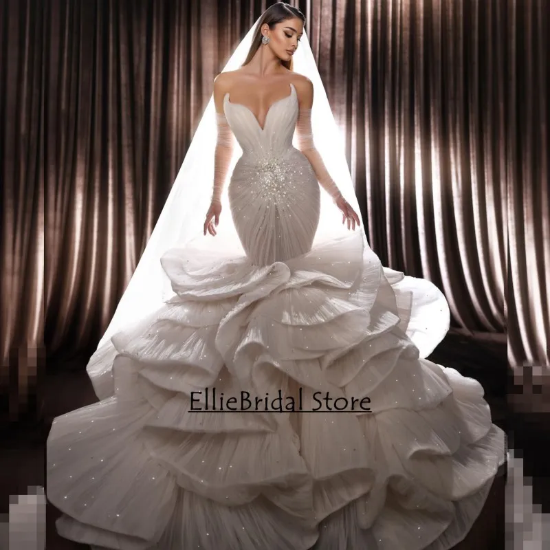 

Luxury Mermaid Wedding Dresses With Gloves Pleat Beading Arabic Dubai Bridal Gowns Ruffles vestidos de novias 2024 Customized