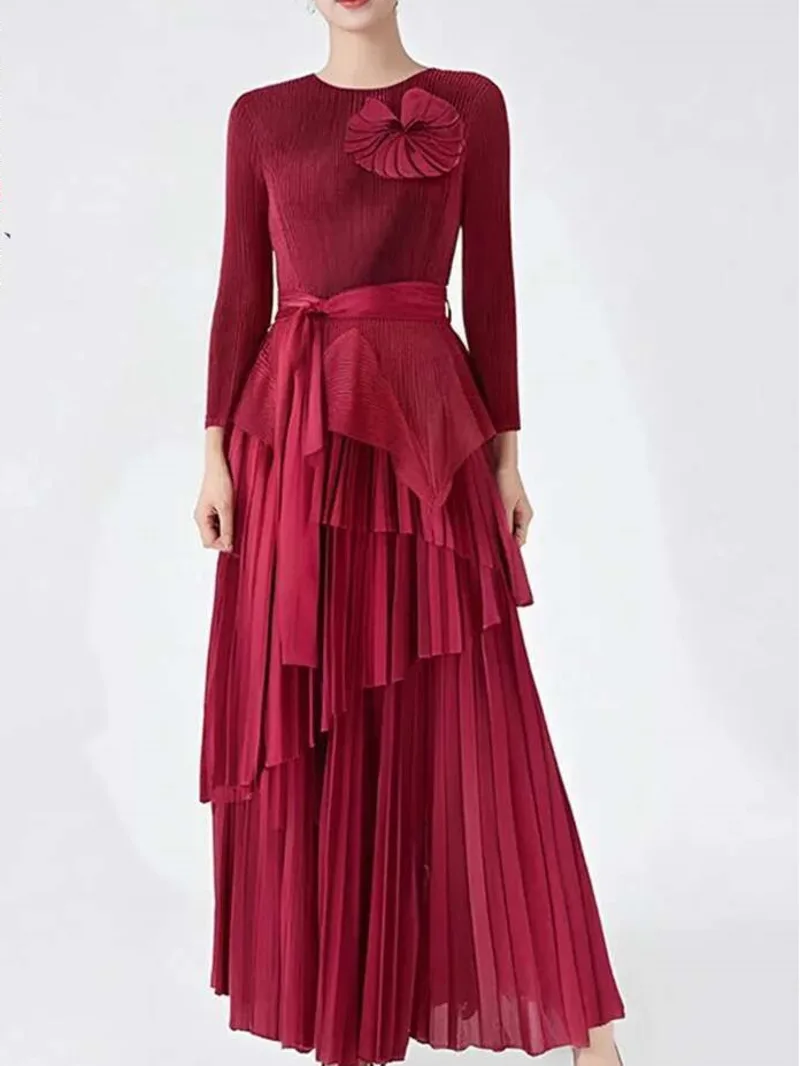 Shirts Irregular Pleated With Flower Decoration Belt Gathered Waist + Long Skirts Female Party Elegant Clothing 2GEO3
