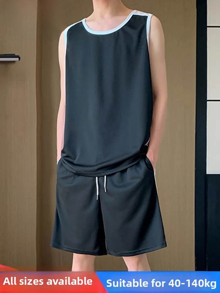 

MoChao, повседневный спортивный комплект большого размера, мужской летний новый свободный жилет Svel, футболка orts Fat People, комплект из двух предметов из полиэстера...