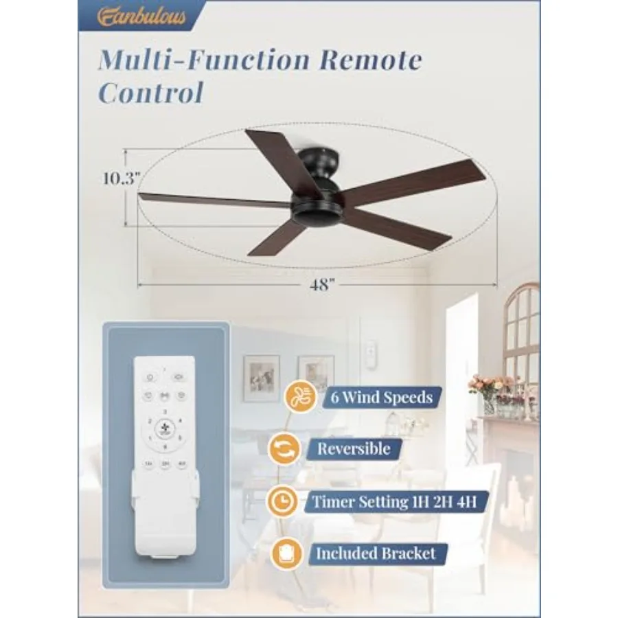 Flush Mount Ceiling Fan no Light, Ceiling Fan with Remote, 6-Speeds, Quiet Reversible DC Motor, door/Outdoor Ceilg Fans without