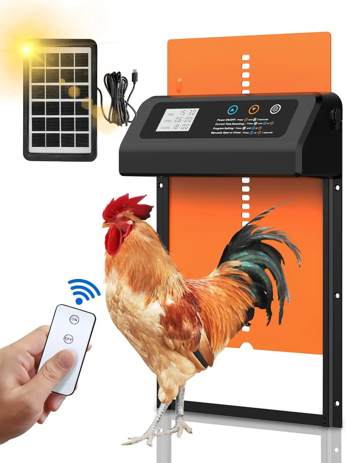 Solar Powered Automatic Chicken Door with Timer, Anti-Pinch, Durable Aluminum Auto Chicken Door, Charge with Solar Panel (Black-