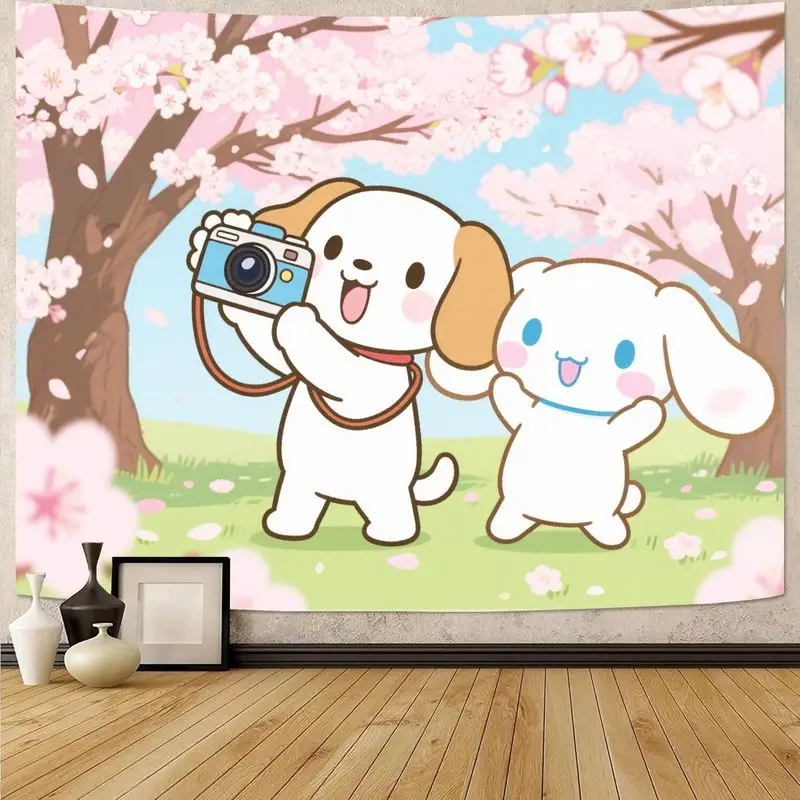 

1 шт., кавайный гобелен для фотографий с милой собакой, розовый вишневый цветок, весенний настенный художественный декор, эстетический полиэстер для спальни, общежития, подарок