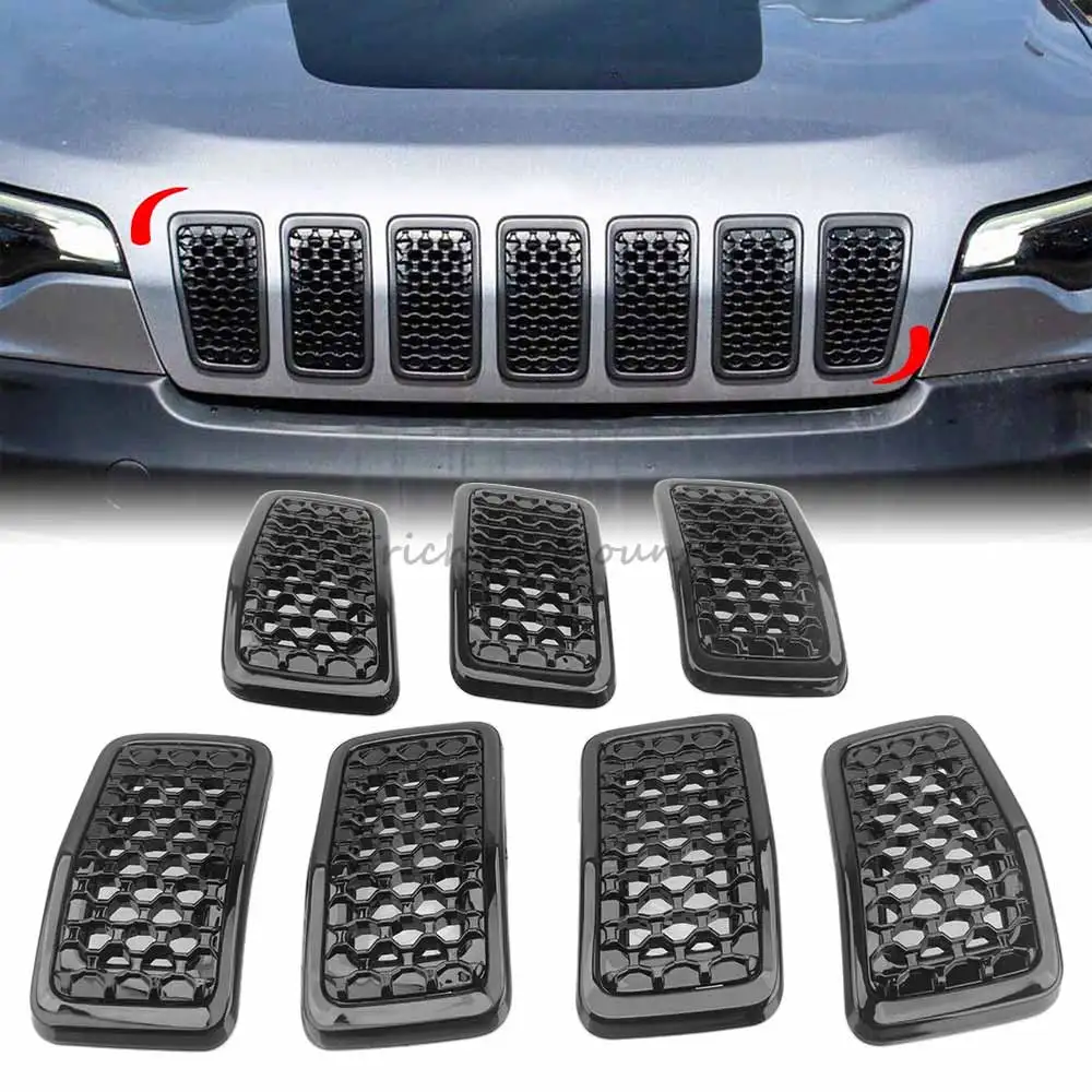 

7 шт., глянцевая черная передняя сотовая сетка из АБС-пластика, вставка в решетку, накладка для Jeep Cherokee 2019 2020 2021 2022 2023