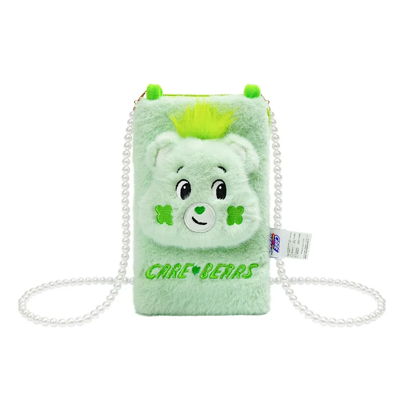 Care Bears Cartoon Plush Phone Bag Purse Kawaii Small Soft Shoulder Bag With Pearl Chain Girls Bear Plush Bags