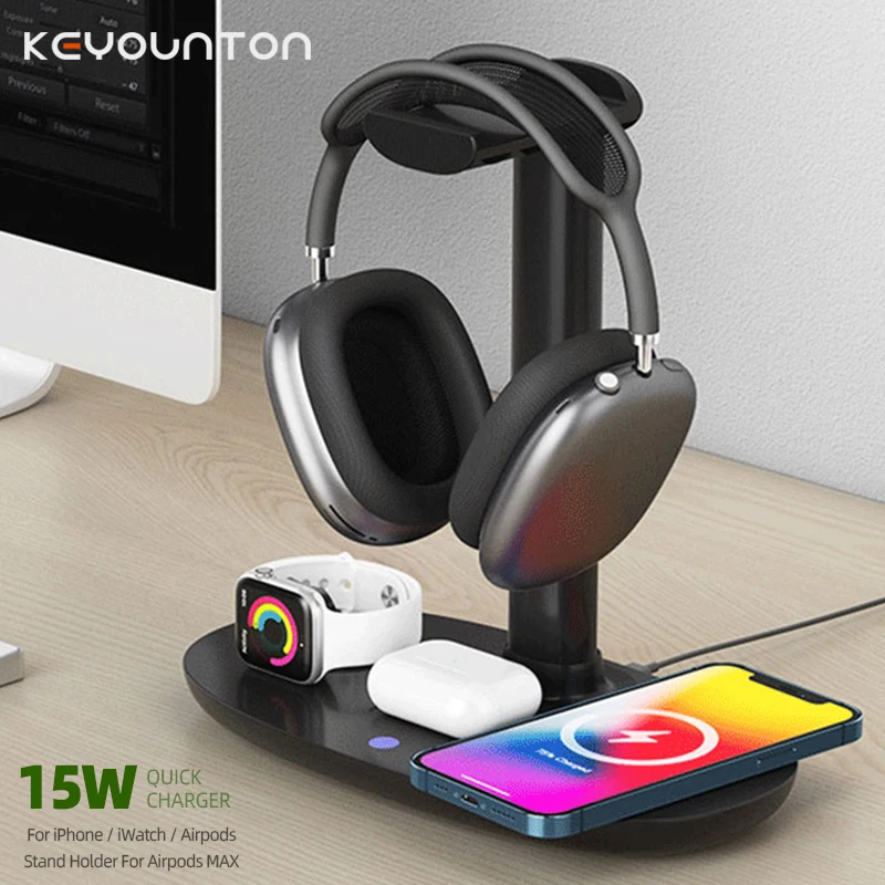 15W 4In1 Headphone Stand Headset Holder Fast Wireless Charging Station Dock for iWatch AirPods Pro 2 iPhone Xiaomi Samsung S21