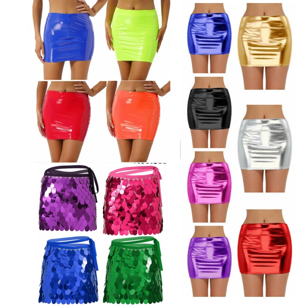 Sexy Women Shiny Patent Leather Wetlook Mini Skirt Fashion Bodycon Pencil Clubwear Party Skirt for NightClub Stage Pole Dancing