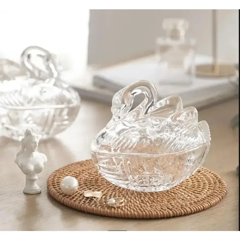 Swan Shape Crystal Glass Storage Jar Transparent Decorative Jars Cotton Swab Box Candy Jewelry