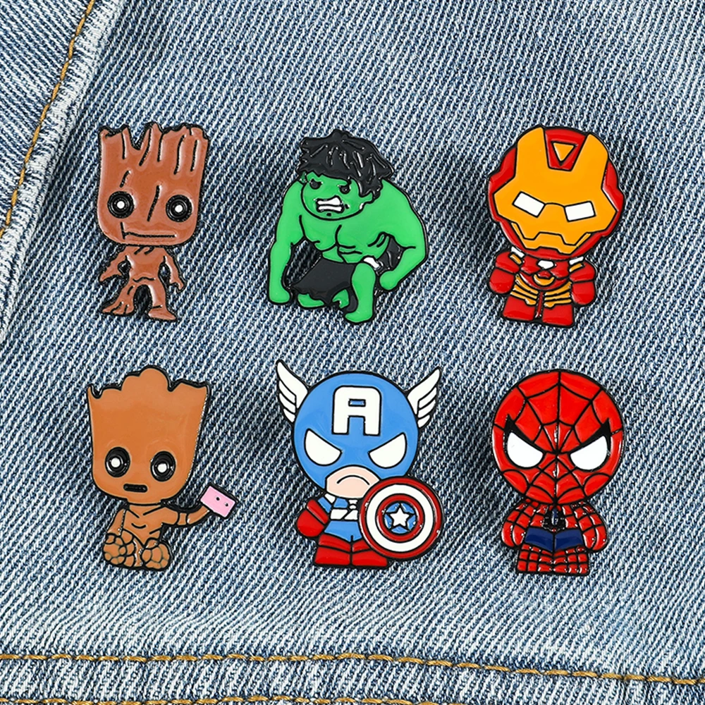 Q Version Marvel Superheroes Metal Enamel Brooch Cartoon Cute Groot Spider Man Steve Rogers Hulk Iron Man Lapel Pin Toy Gift