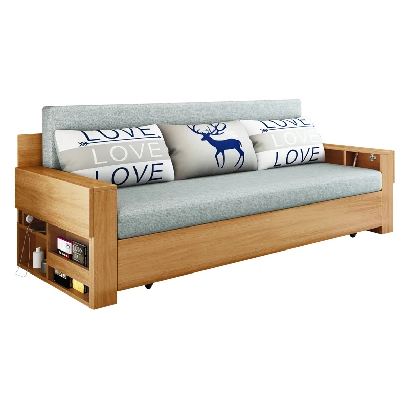 Sofa Bed Dual-Use Solid Wood Foldable Sitting and Lying Simple Storage Living Room Double Sofa