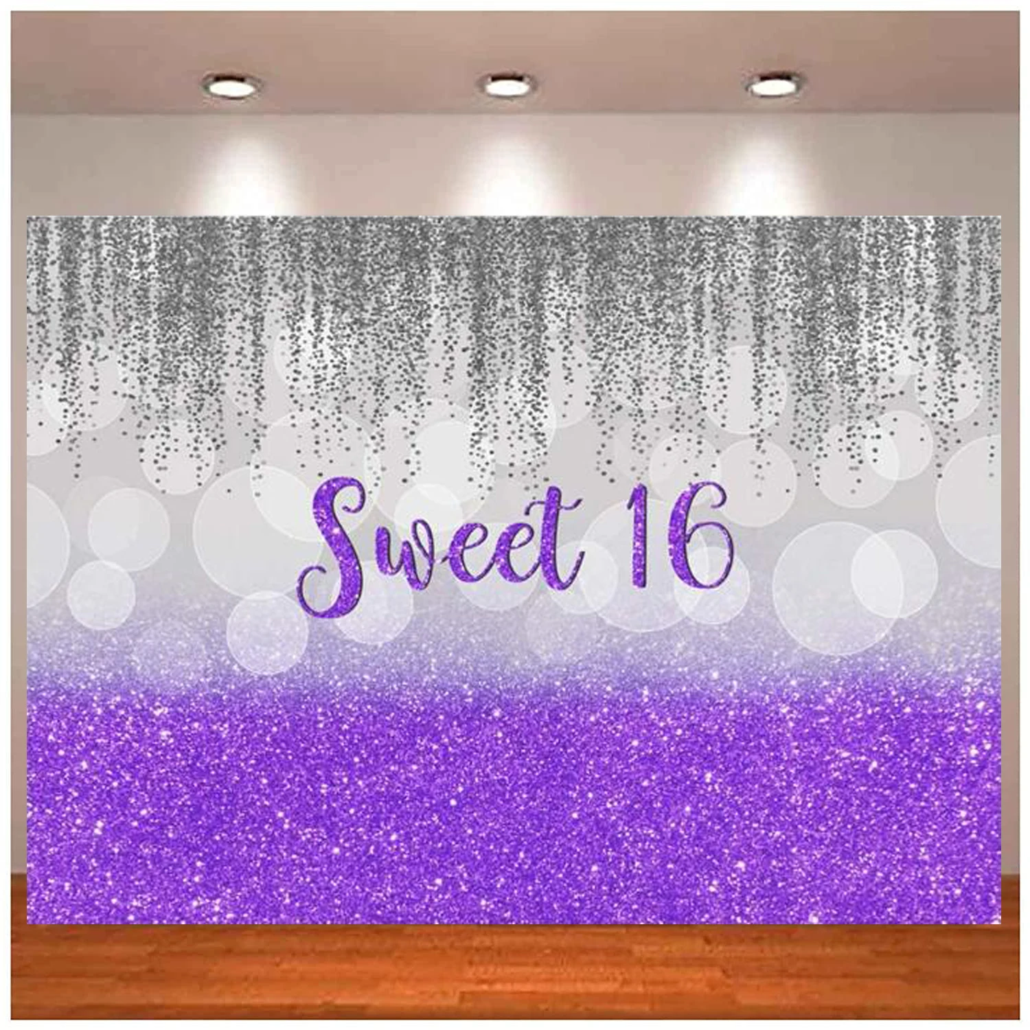 Backdrop Sliver Purple Bokeh Glitter Girl's Sixteen Years Old Background Princess Shiny Happy Birthday Party Decorations Banner