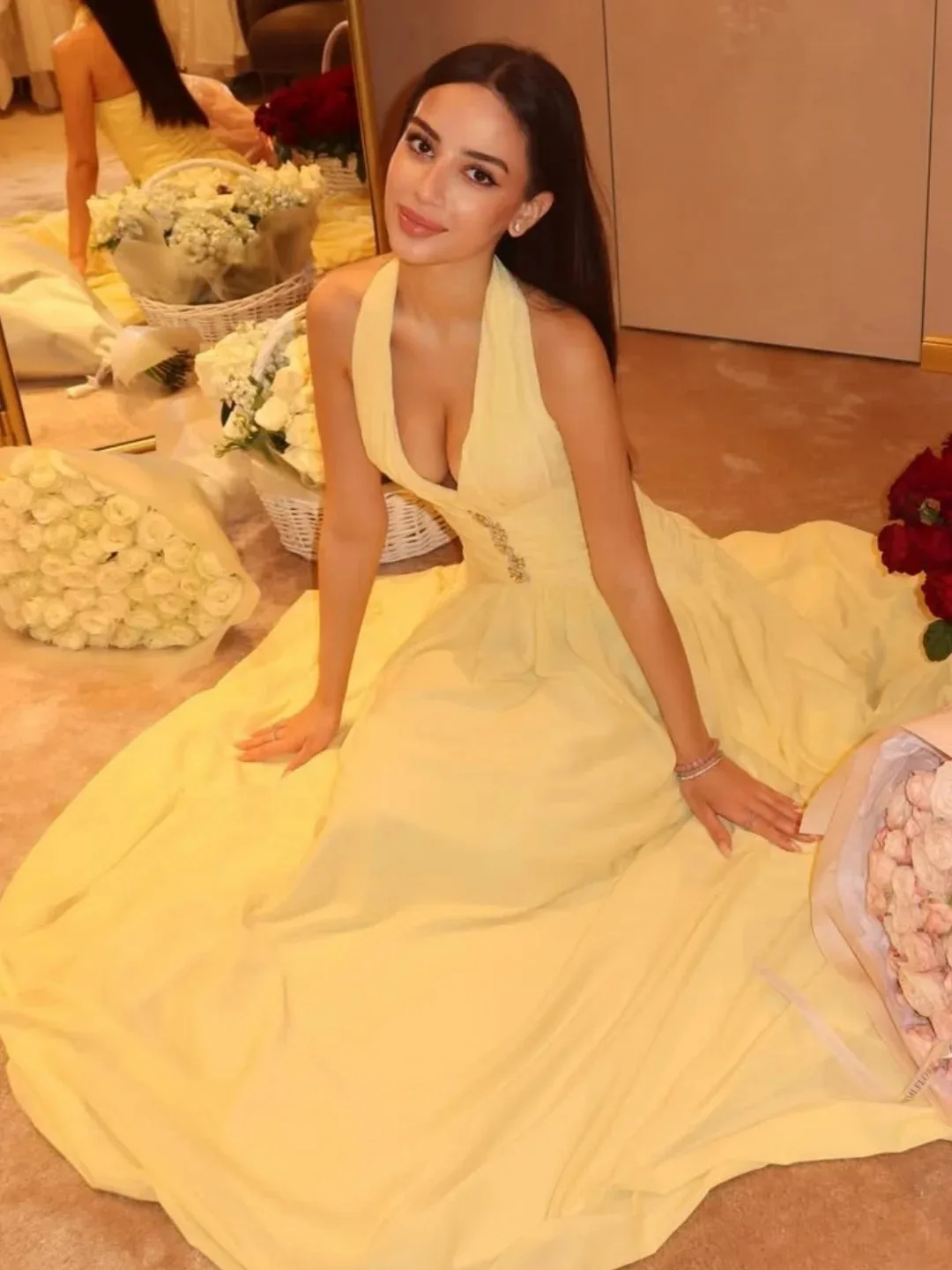 Customized Sexy Saudi Halter Neck Prom Gown Women's Yellow A-line Party Evening Dress and Floor-length Special Occasion Dresses