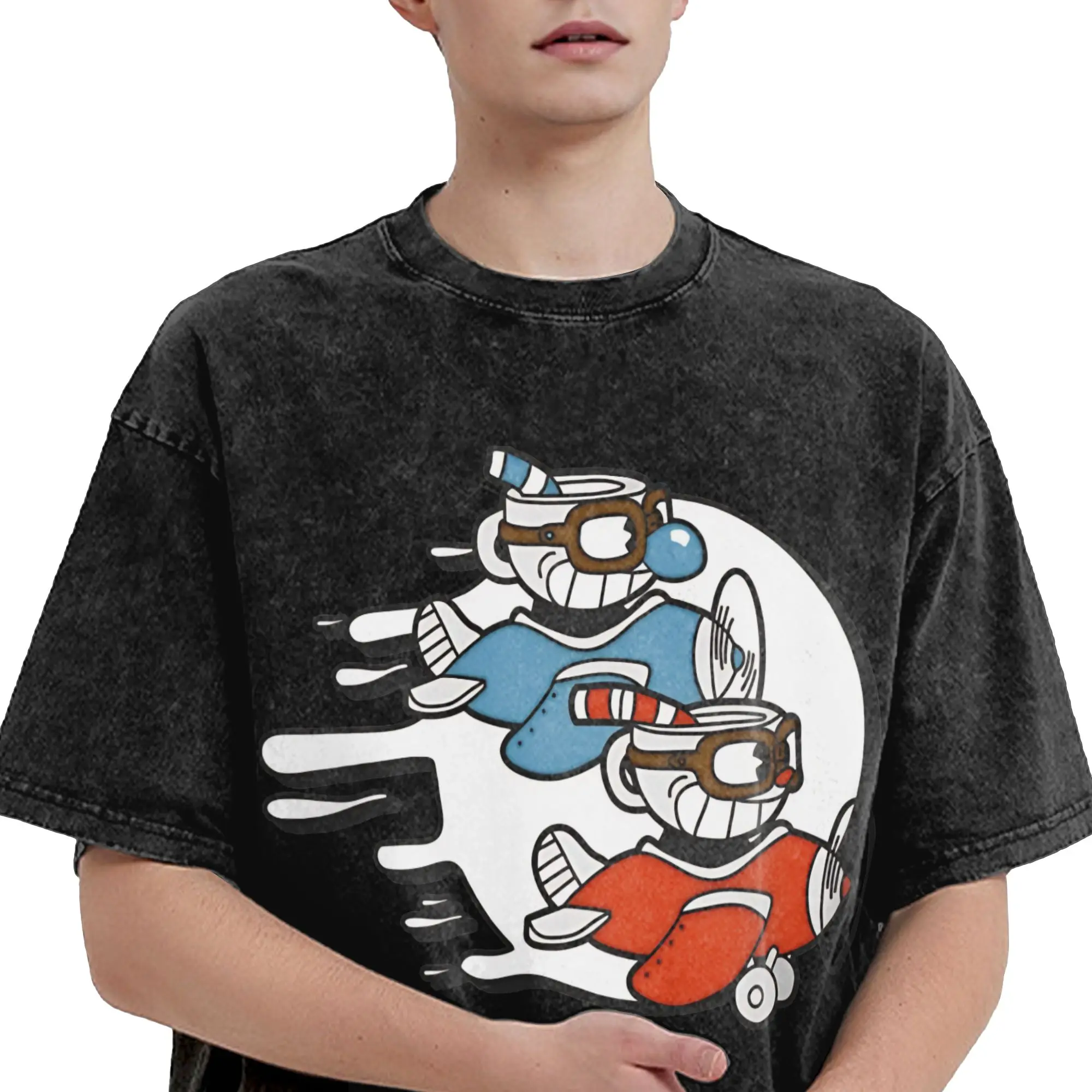 Cuphead and Mugman cup mug Washed T Shirt Streetwear Hip Hop Vintage T-Shirts  Tees Men Women Short Sleeve Harajuku