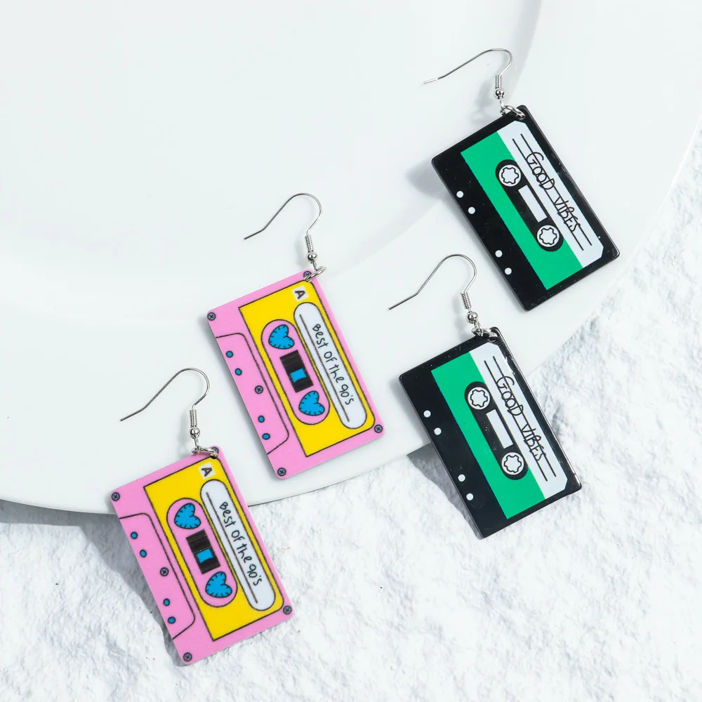 Creative Acrylic Best of the 90s Letter Magnetic Tape Earrings for Women Cute Square Cassette Tape Dangle Earrings Jewelry Gifts