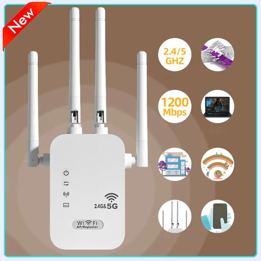 

1200Mbps Wireless WiFi Repeater with WAN/LAN Port Dual-Band 2.4GHz/5GHz WiFi Signal Amplifier 4 Antennas for Home Small Office