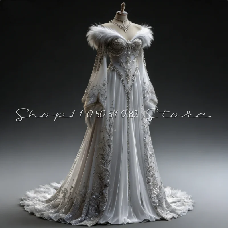 Viktorianisches V-Ausschnitt Mittelalterliches Vintage-Hochzeitskleid Märchenhaftes Langarm Silber Spitzenapplikationen A-Linie Maßgeschneiderte Damen-Brautkleider