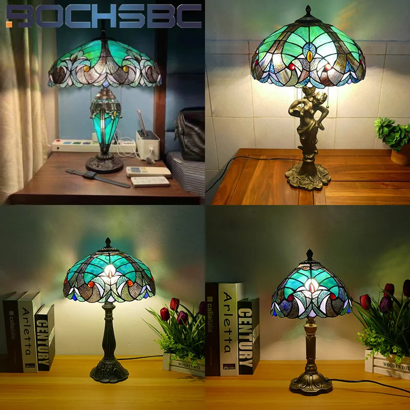 

BOCHSBC Tiffany style stained glass Nordic retro table lamp for bedroom bedside lamp study bar atmosphere lamp LED decor