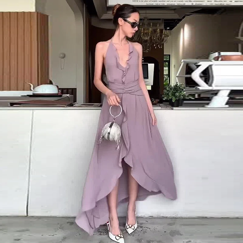 

Женское элегантное платье миди с лямкой на шее и рюшами по подолу, облегающее талию с завязками и разрезом подол, модное Новое поступление 2025 года