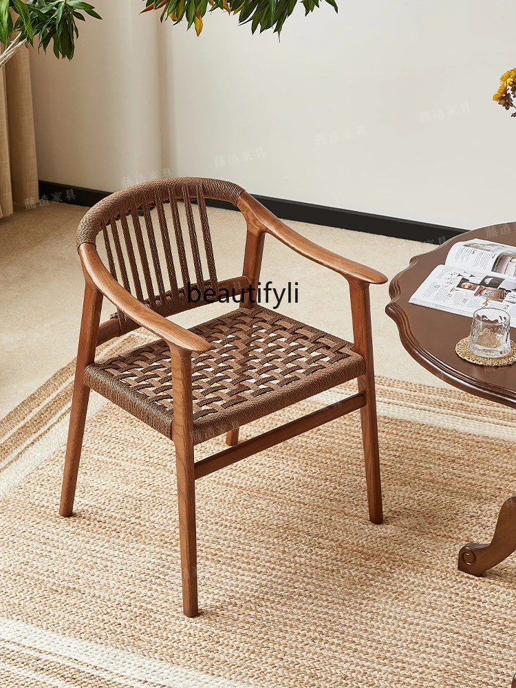 Chinese Style Braid Rope Retro Rattan Chair B & B Real Rattan Mid-Ancient Rattan Backrest Leisure Lazy Bone Chair