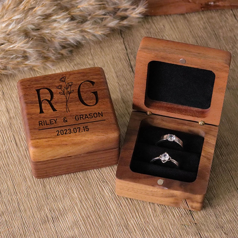 Personalized Wedding Ring Box Custom Wood Ring Box Engagement Ring Box Bearer Single Slot Proposal Engraved Holder