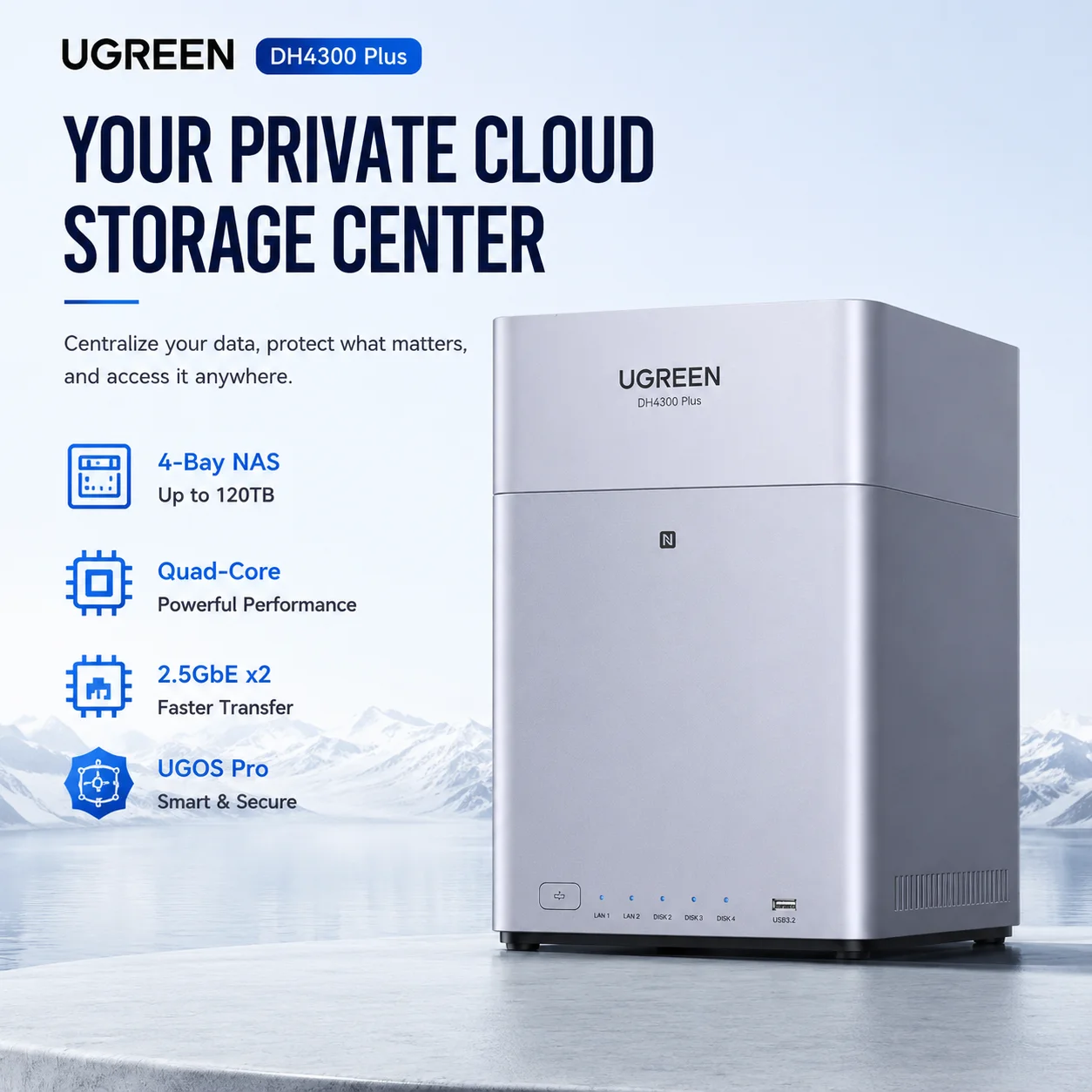 UGREEN DH4300 Plus NAS AI Storage Server 3TB 4TB 6TB 8TB 9TB 12TB 16TB RK3588 8GB LPDDR4X 4-Bay SATA HDD SSD 2.5GbE NFC Plex Jellyfin Personal Cloud