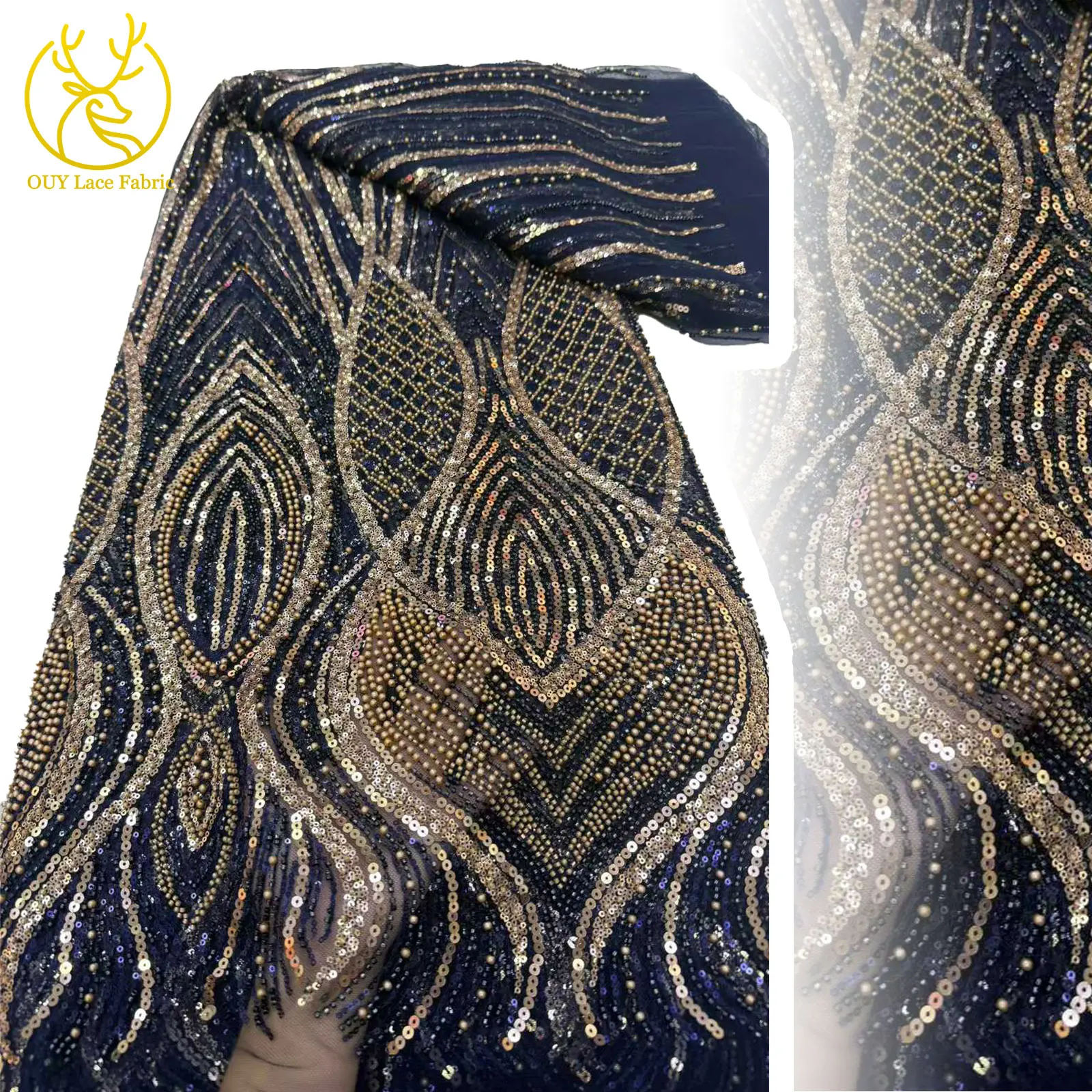 

African Beaded Lace Fabric 2025 French Nigerian Bridal Embroidery Sequin Lace Fabric Mesh Lace for Women's Dresses Sewing 5Yards