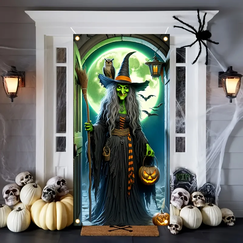 1Pcs 2D house number, 1 Halloween party flag, witch and owl Halloween garden flag