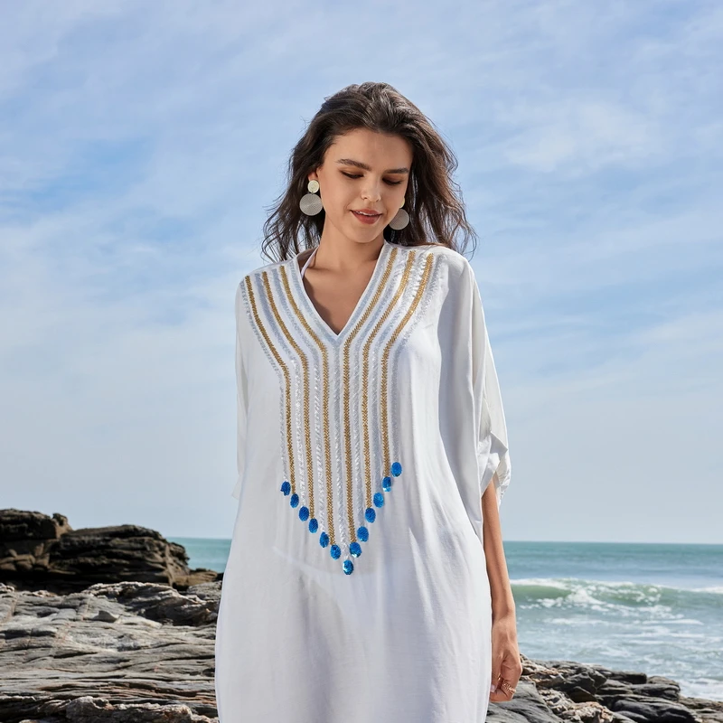 Para Praia-Robe de plage blanche en mousseline de soie pour femme, kimono, kaftan, cover-up pour les maillots de bain, Industries ong, cardigan, bikini