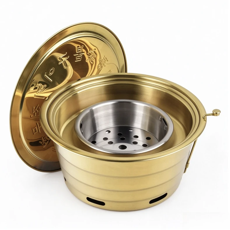 Korean BBQ Grill 330mm Commercial Built-in Charcoal Stove Top Smoke Exhaust Round Stainless Steel Gold Large Barbecue Oven