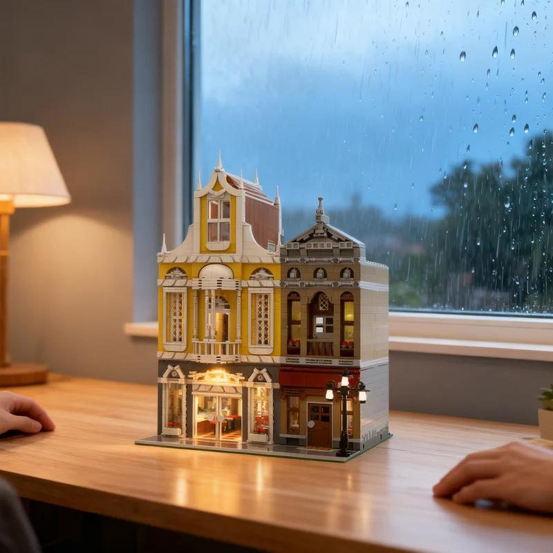 

2903 детали MOC: Модульная модель уличной сцены с баром и апартаментами, конструктор, креативный подарок, декор для демонстрации, сборная модель премиум-класса для взрослых